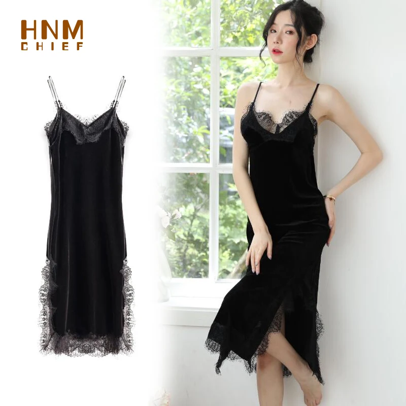 пижама женская HNMCHIEF черное ночное белье Femme Золотое бархатное длинное