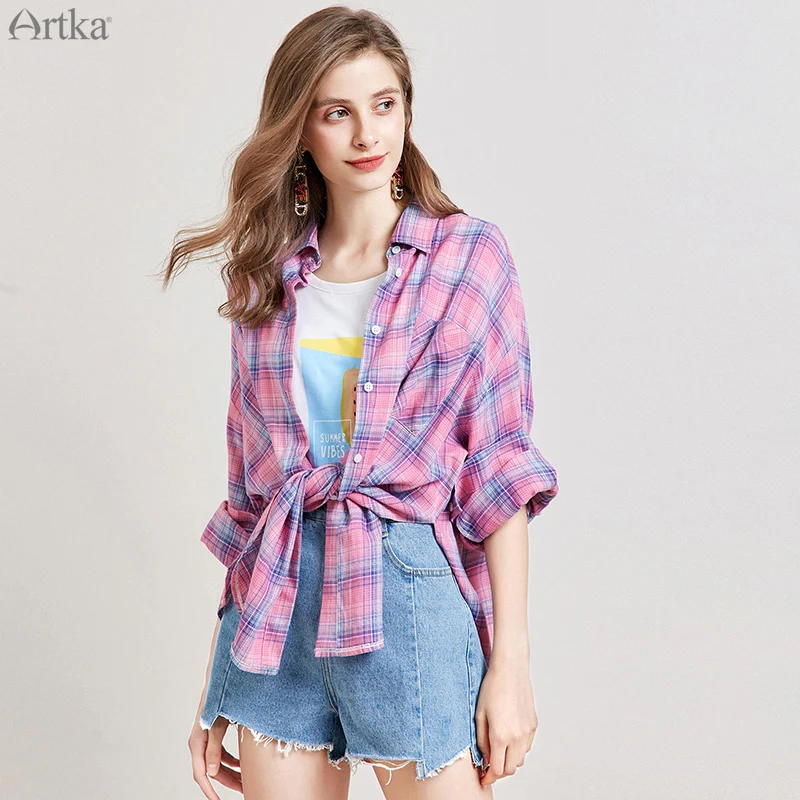 Женская винтажная клетчатая блузка ARTKA Повседневная Свободная из 100% хлопка с