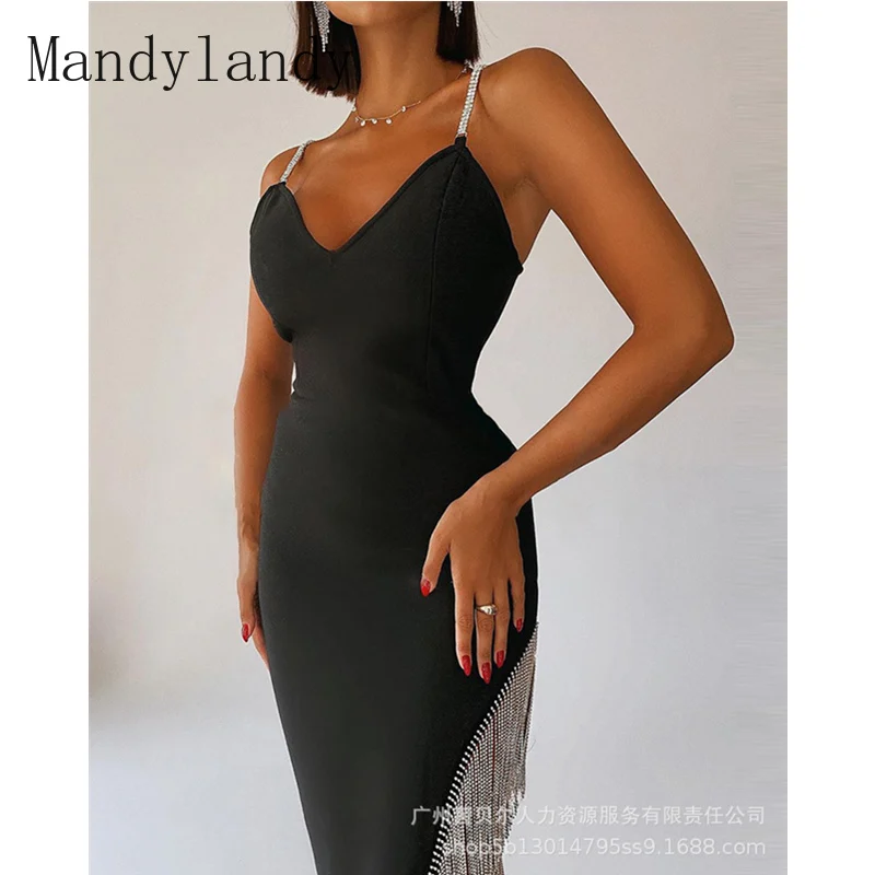

Mandylandy Women Elegant Tassel Party Evening Dress Lady Sexy Fashion Sleeveless V Neck Halter High Waist Corset Irregular Dress