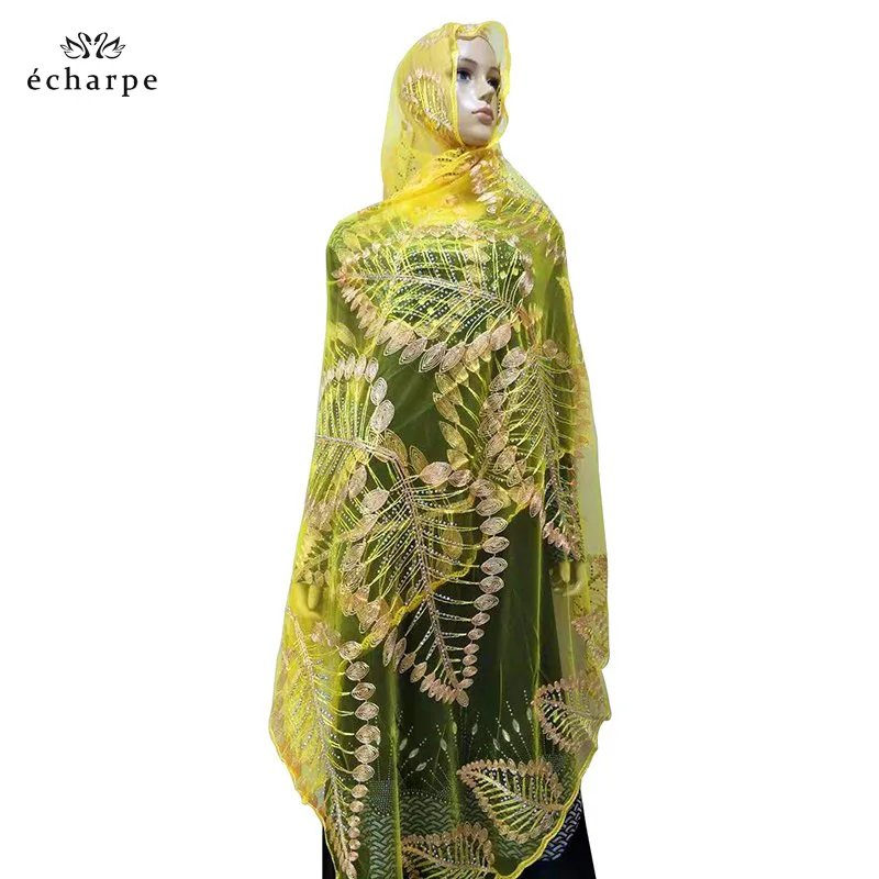 Новейшие африканские женские хиджаб шарфы дизайн листьев большая вышивка мягкий