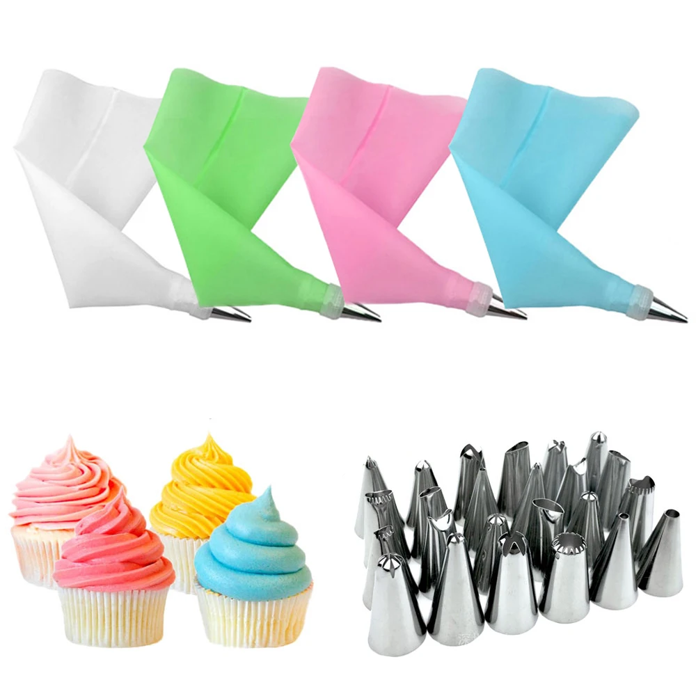 

1-26PCS Silicone Pastry Bag Tips DIY Kitchen Baking Cake Decorating Tools Reusable Piping Bags+24 Nozzle Set+1 Converter