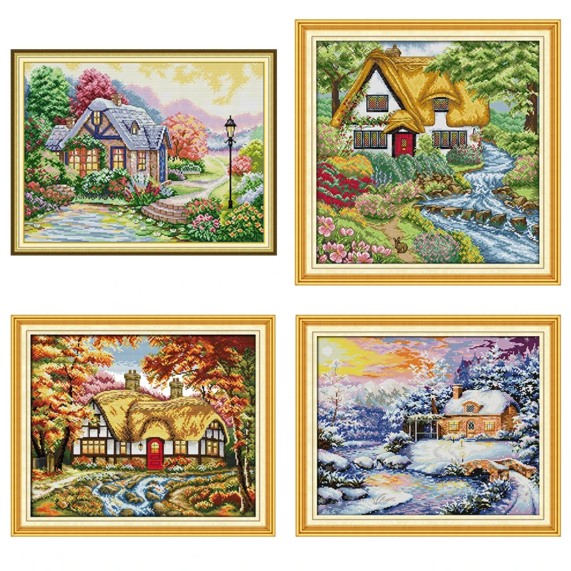 Cabin scenery series stamped cross stitch DIY handmade needle and thread kit Aida 14CT 11CT printed canvas fabric embroidery set