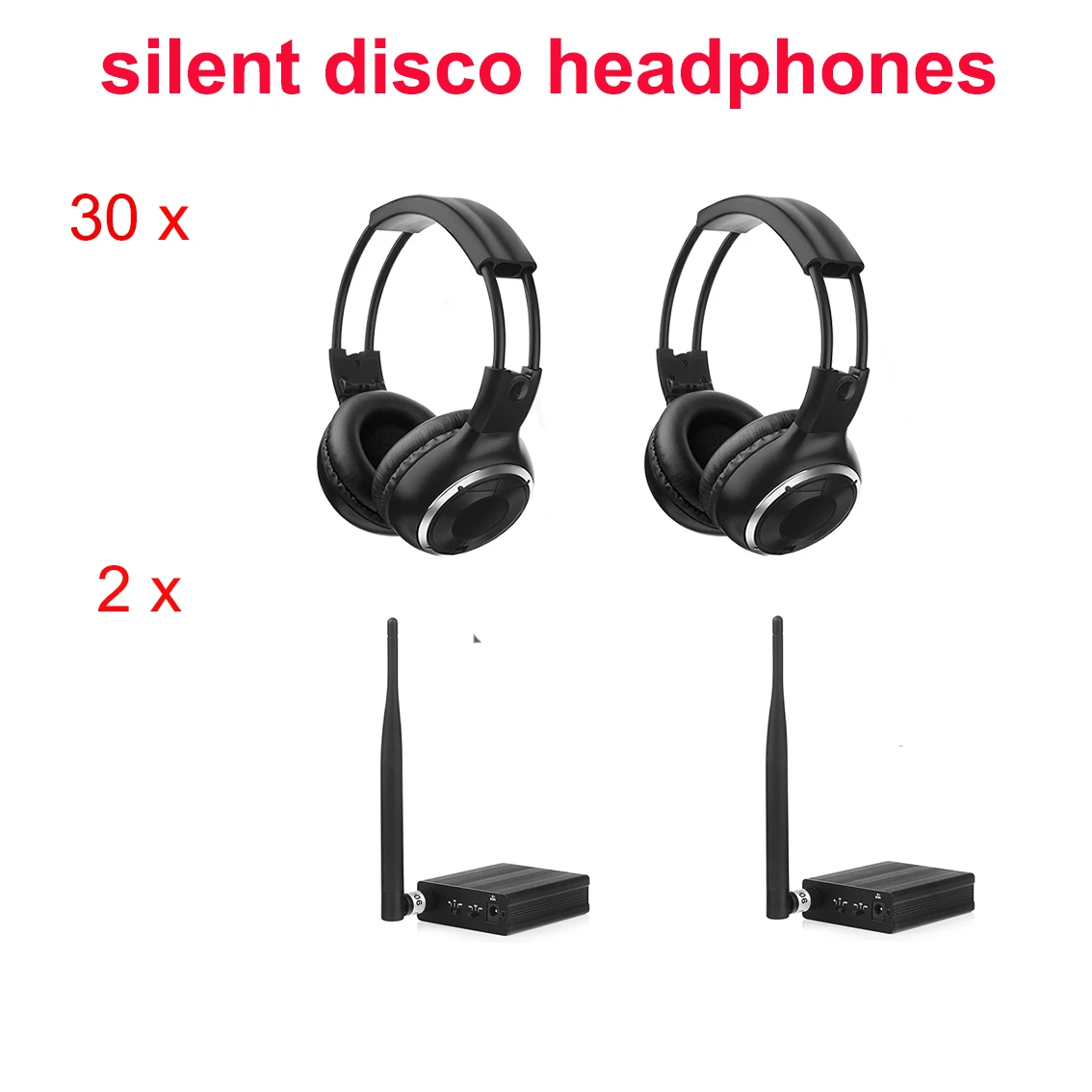 

Silent Disco Headsets Black Folding Wireless Headphones Set - Quiet Clubbing Party Bundle (30 Receivers + 2 Transmitters)