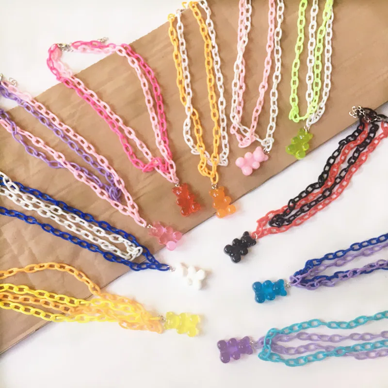 

Creative Cartoon Animal Bear Pendant Necklace Candy Color Acrylic Chian Funny Multi-layer Necklace Harajuku Cool Party Jewelry