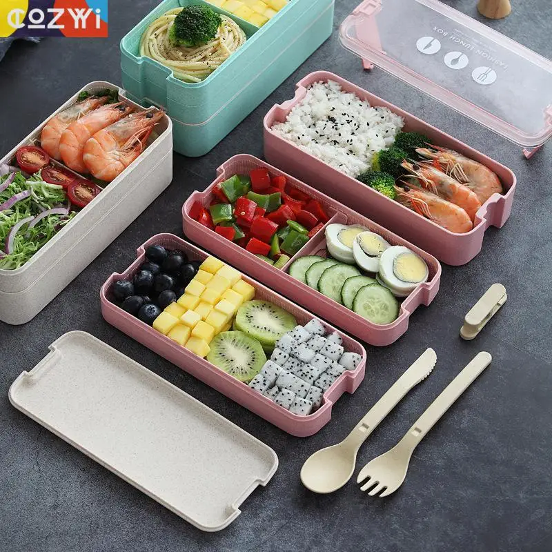 Трехслойная пшеничная стебель Bento коробка здоровый материал портативная Скрытая