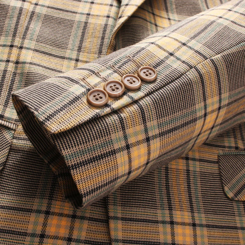 

Men Suit Jacket Check Spring Autumn Business Formal Casual Plaid Blazer Yellow Single Breasted 2 Buttons Peak Lapel Daily Life
