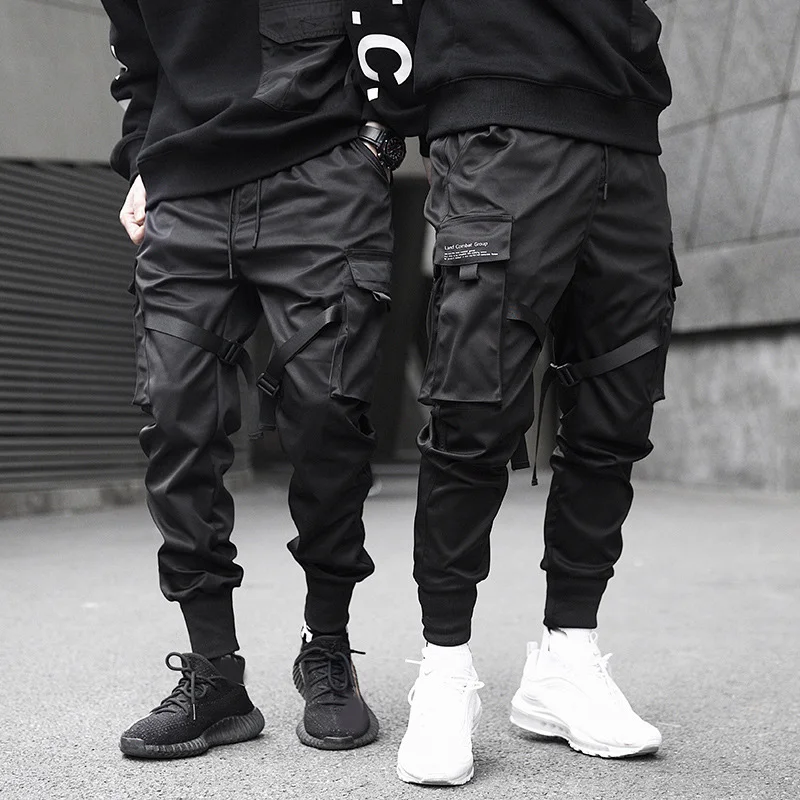 

Men Hip Hop Street Color Matching Harem Pants Tether Multi-pocket Overalls Ribbons Harem Joggers Men Cargo Pants Streetwear 2021
