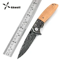 kkwolf folding knife hunting knife survival camping pocket knife portable outdoor knife tactical hot damascus laser pattern tool