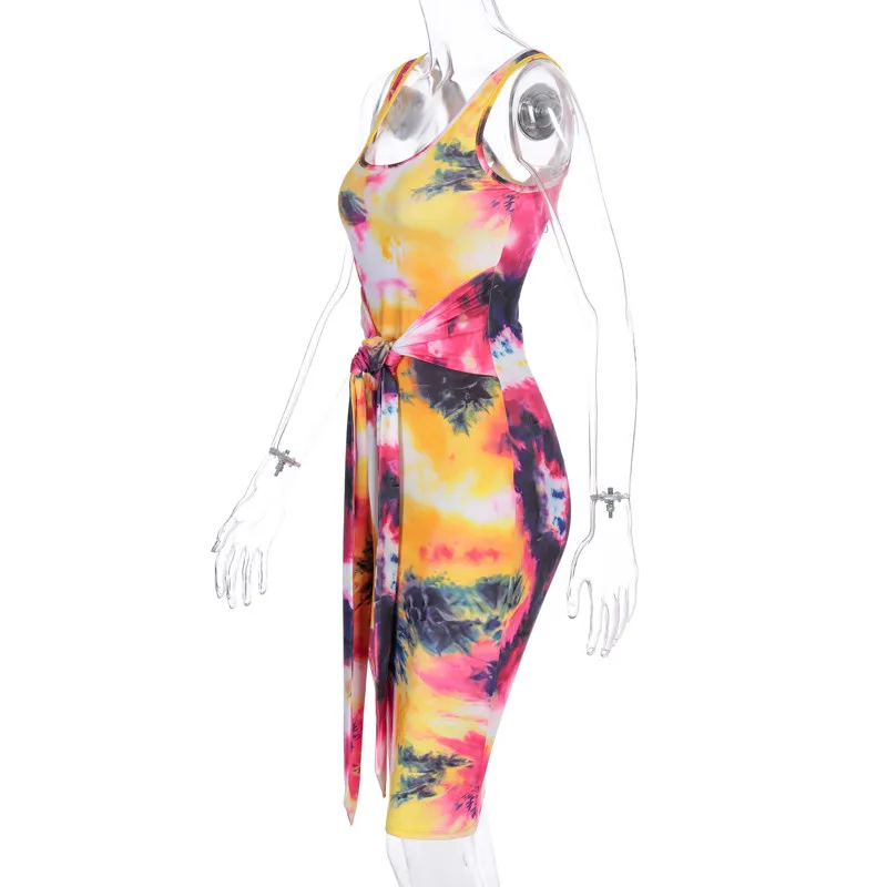 

Sexy Women Summer Pencil Dress For Streetwear Tie-dye Design Belt Decor O-Neck Sleeveless Mid-Calf Slim Pullovers Club Dresses