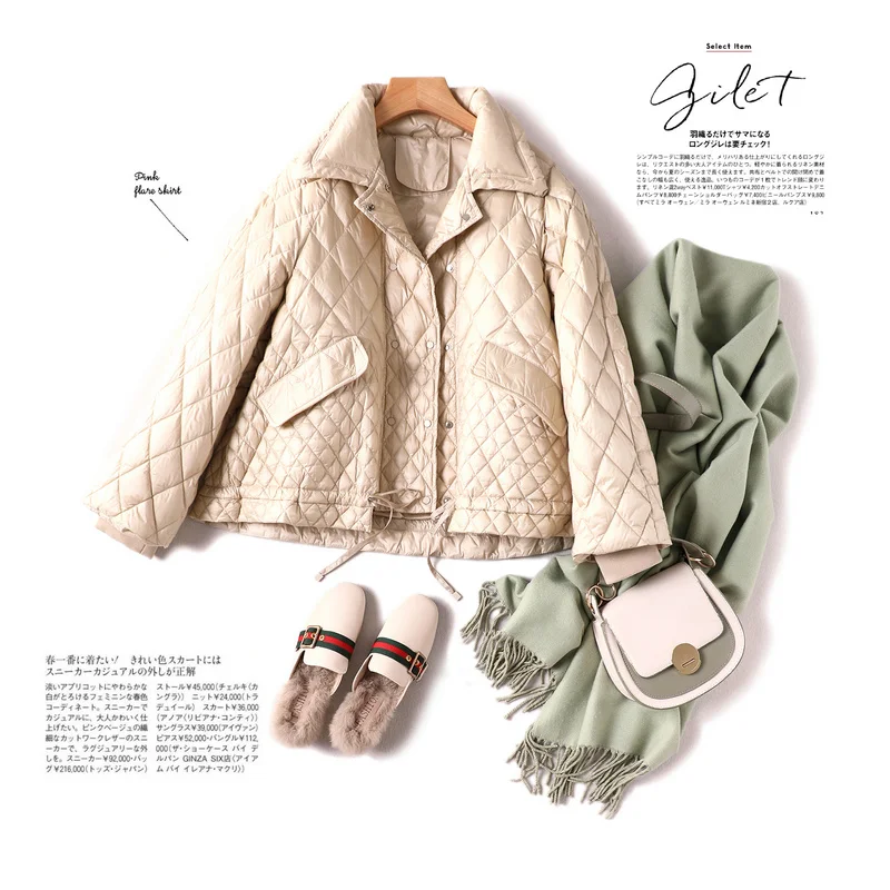 Jacket for Women Thin Lightweight 90% White Duck Down Argyle Covered Button Abrigos Mujer Invierno 2021 Green