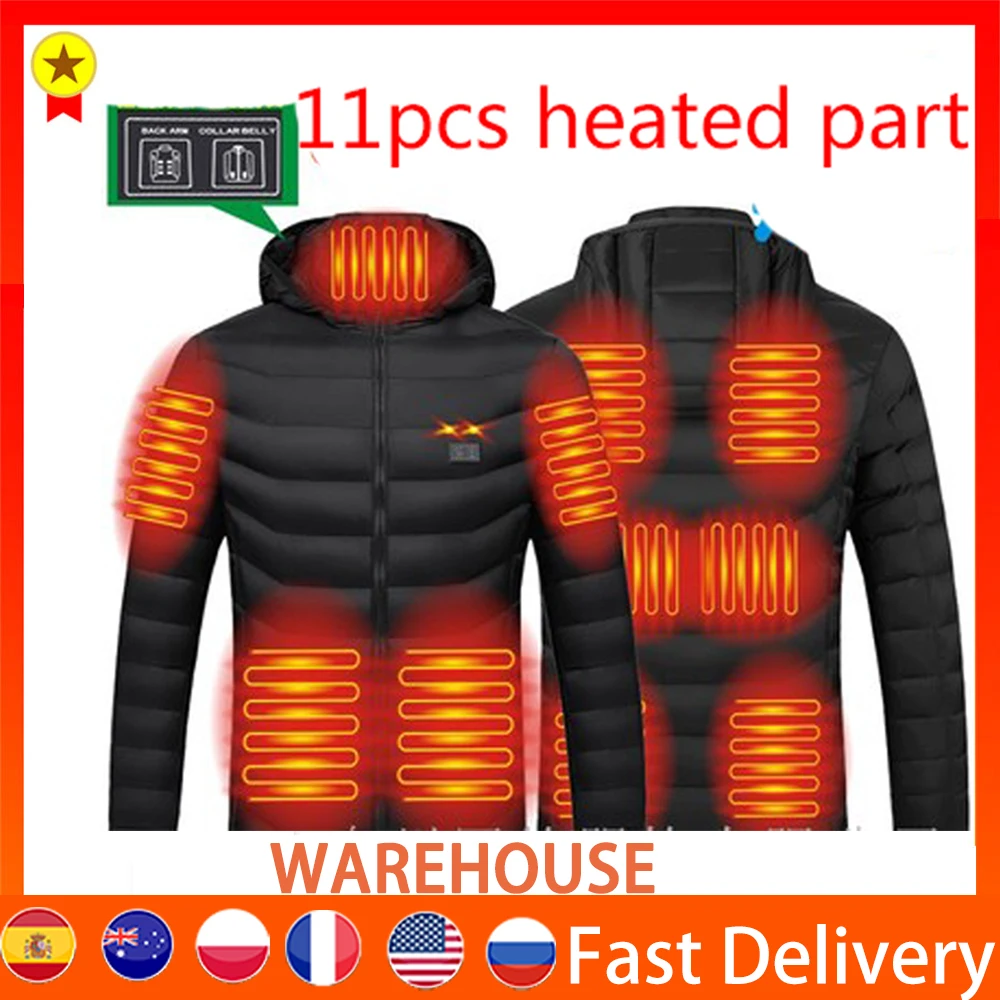 

11 Areas Electric Heated Vest Jackets USB Electric Heating Hooded Cotton Coat Camping Hiking Hunting Thermal Warmer Jacket