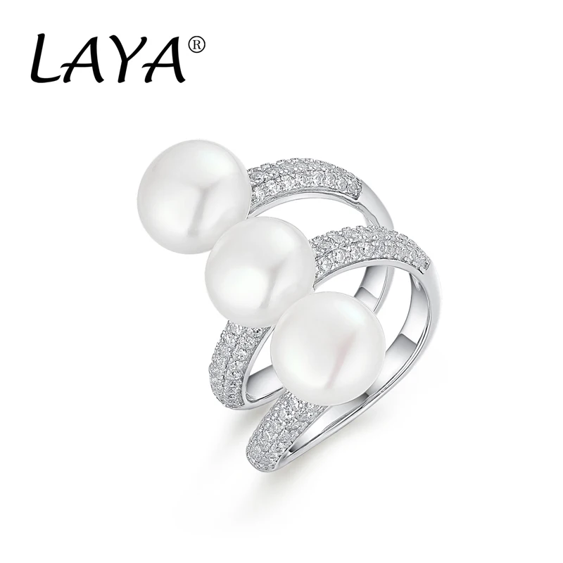 

LAYA 925 Sterling Sliver Fashion Natural Freshwater Pearl Zircon Adjustable Opening Ring Women's Wedding High Quality Jewelry