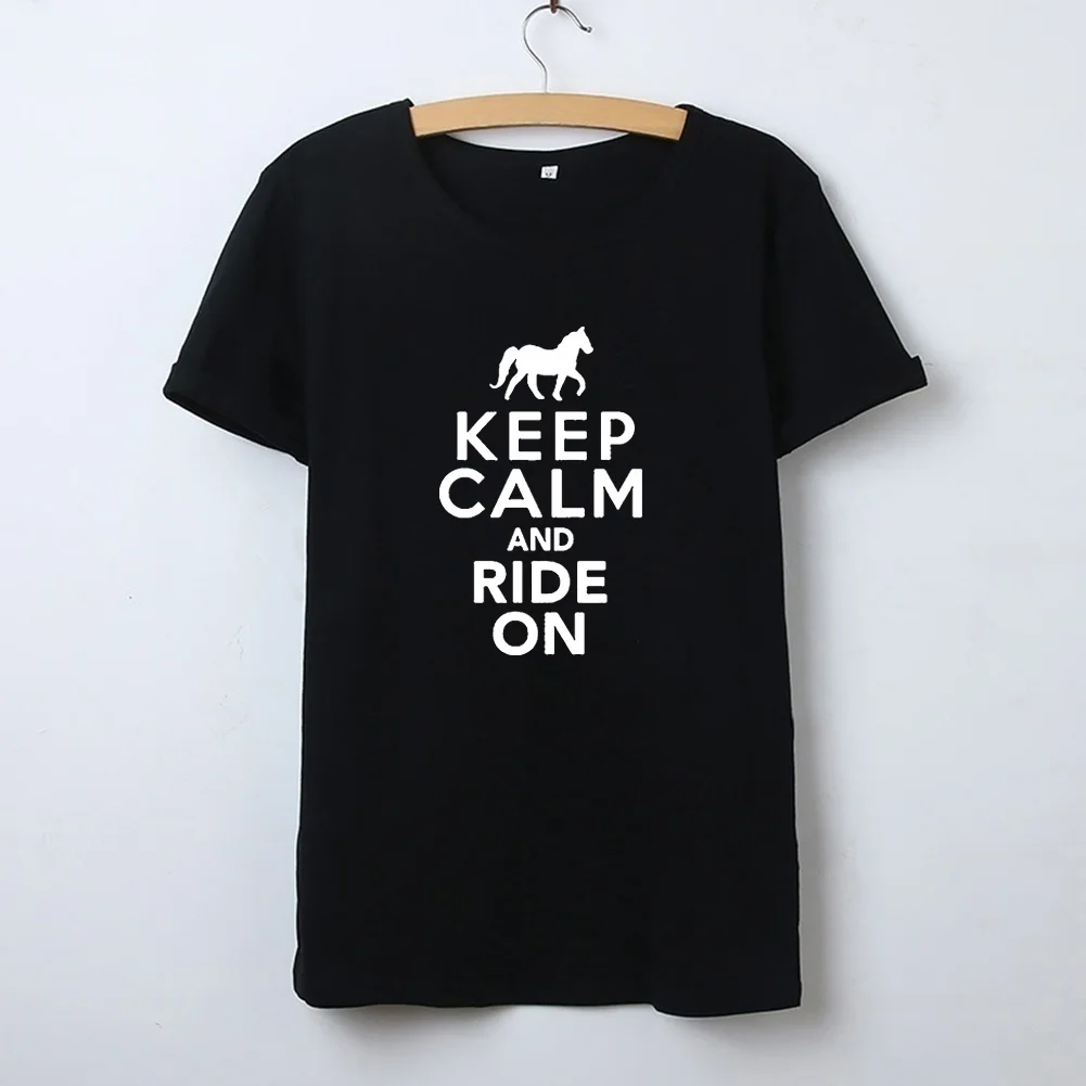 С надписью Keep Calm and ездить на забавная футболка женская с милой лошадкой и