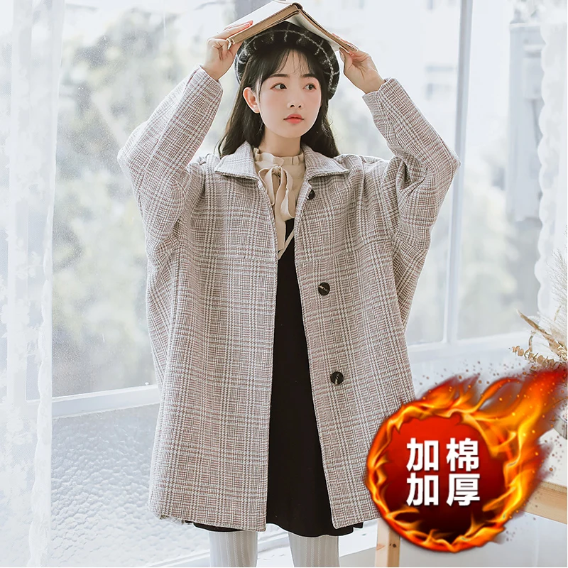 

Women Woolen Coat Blended Wool Jacket Autumn Winter Fashion plaid Outerwear Ladies Mid-Long Elegant Windbreaker Jacket A1521