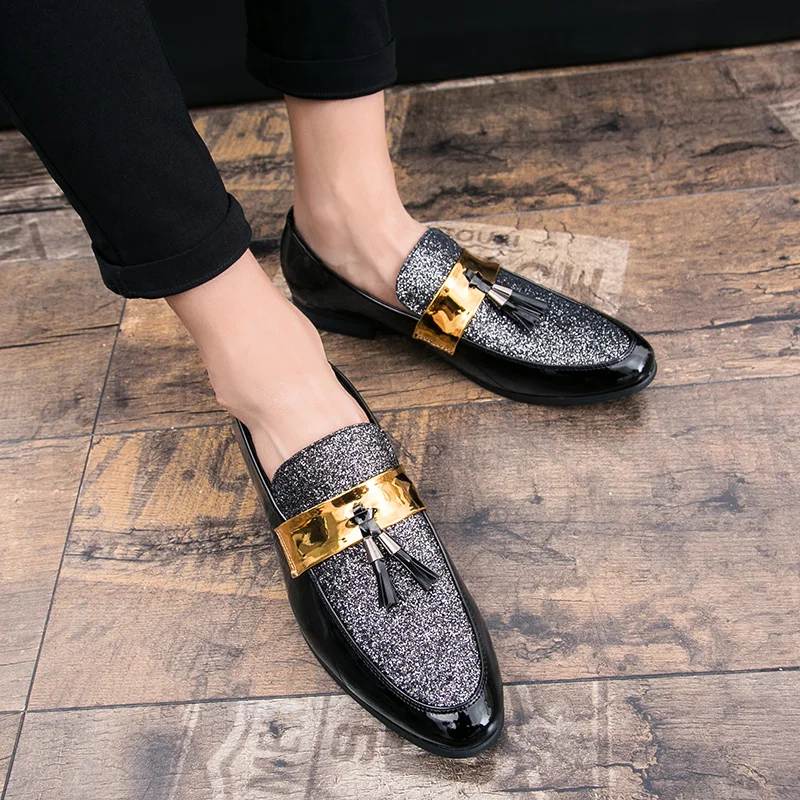 

Men Party Flats Black Golden Formal Patchwork Tassel Leather Casuals Shoe Handmade Wedding Men Loafers Moccasins Dress Shoes