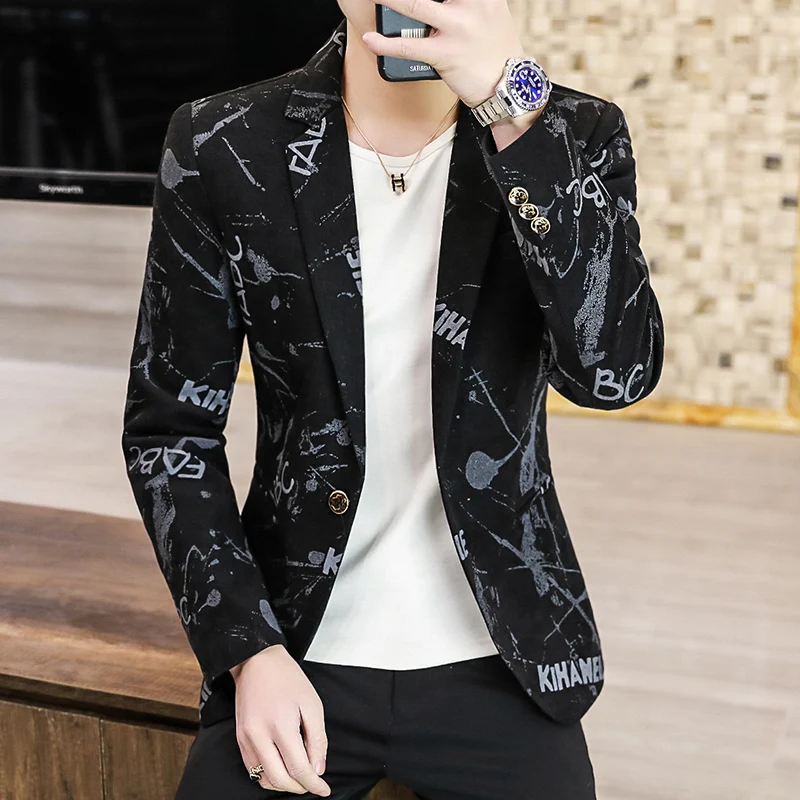 

2021 Spring Blazer Jacket Men Fashion Printed Blazer Hombre Wedding Business Casual Suit Jacket Street Wear Social Costume Homme
