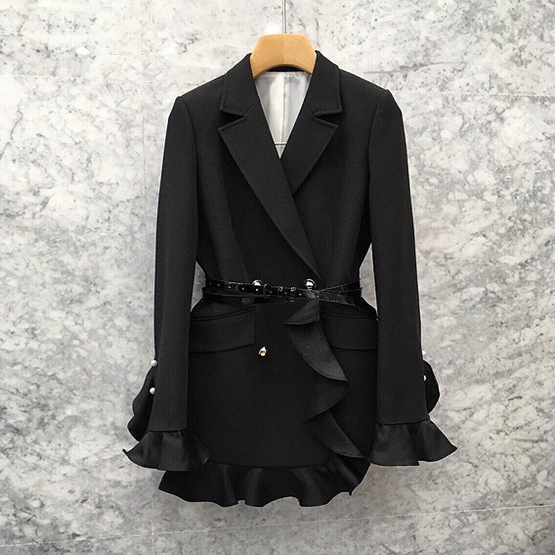 

Ruffle Womens Suit Black Patchwork Notched Long Sleeve High Waist With Sashes Blazer Female Autumn Fashion New