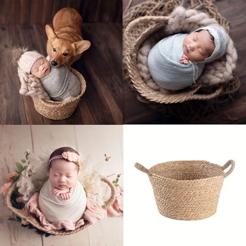 Newborn Photography Props Photography Accessori Natural Straw Hand-woven Basket Fotografia Infantil Baby Milestone Photo Shoot