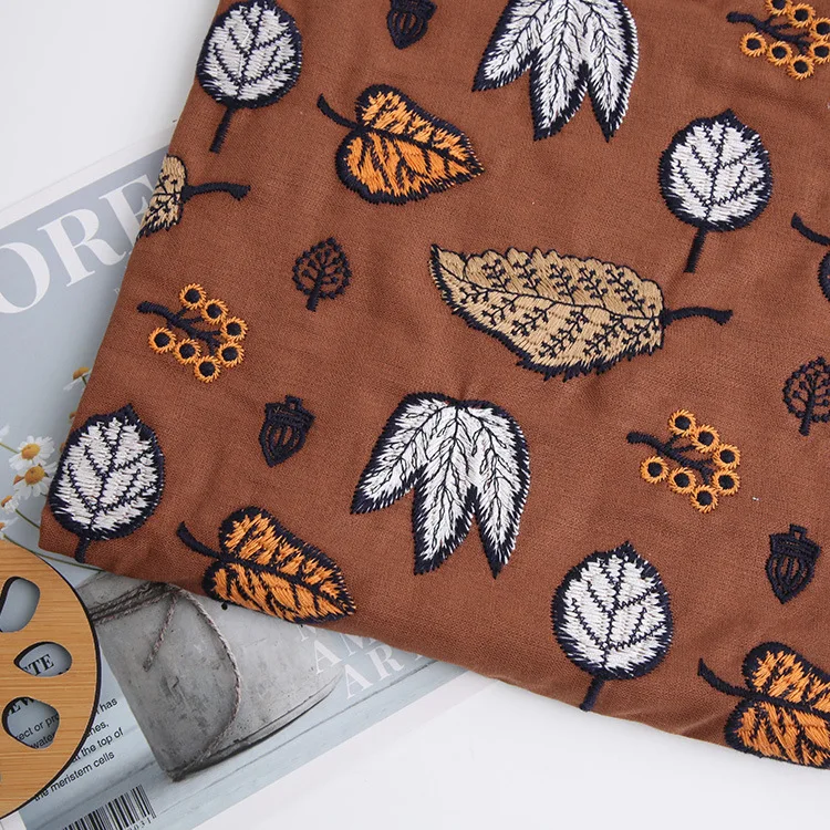 Хлопковая льняная Осенняя вышитая ткань с листьями в японском стиле ручная
