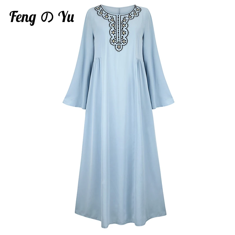 

Moroccan Embroidered Dress Arab Muslim Women Gorgeous Hand-embroidered Turkish African Blue Robe Dubai Islamic Round Neck Dress