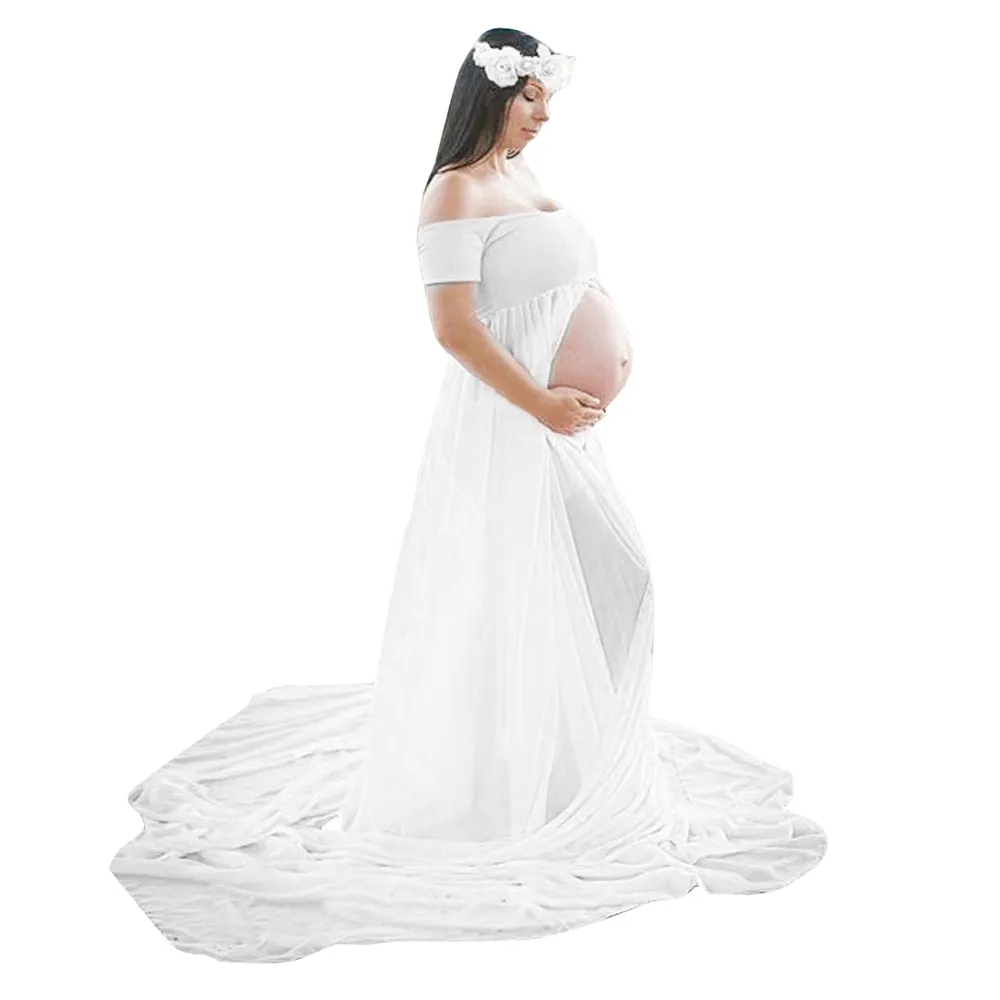 

Women Pregnants Sexy Photography Props Dresse Off Shoulders Dress S/m/l/xl Short-sleeved One-shoulder Slit Maternity Long Dress
