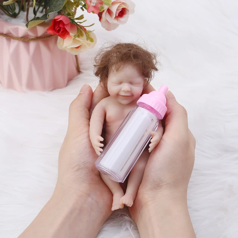 

6in Reborn Girl Doll Miniature Figure Interaction Toy Soft Silicone Simulation Doll that Looks Real w/ Curly Rooted Hair