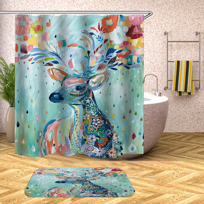 

Elk Print Shower Curtain Deer Wapiti Moose Waterproof Bath Curtains for Bathroom Bathtub Bathing Cover Large Wide 12pcs Hooks