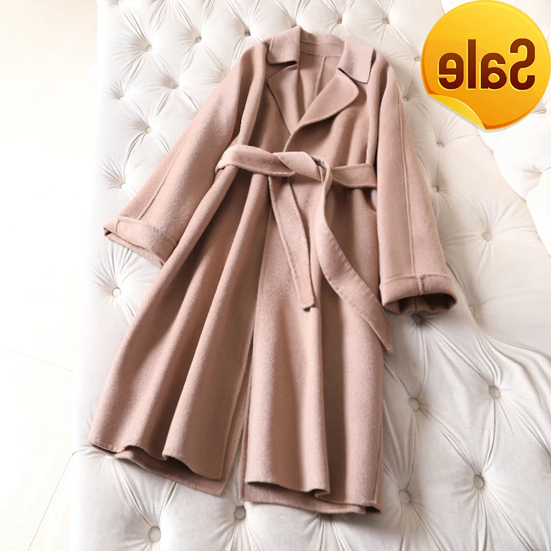 

long 2020 New double-sided cashmere coat women 100% wool overcoat wine red jacket show slim belt big size clothes solid