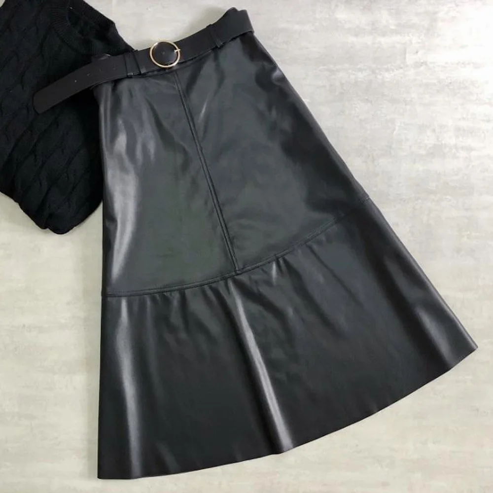 

Юбка-миди женская из экокожи, модная однотонная длинная трапециевидная юбка с завышенной талией и поясом, уличная одежда