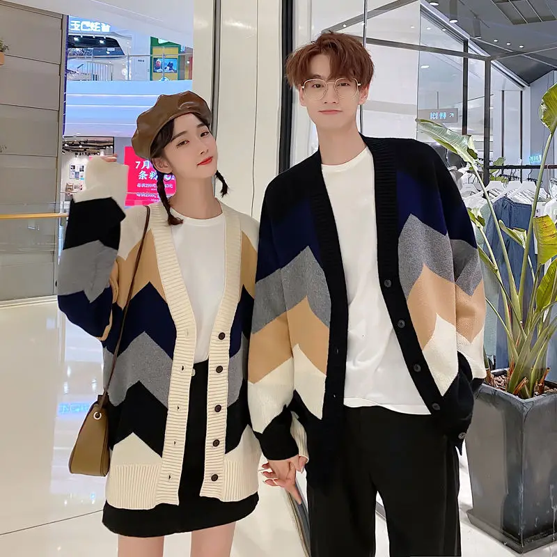 

Winter Cardigan Men's Warm Fashion Hit Color Casual V-neck Knitted Sweater Men Streetwear Loose Couple Cardigan Sweater Clothes