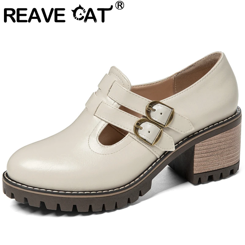 

REAVE CAT New 2021 Women Pumps Round Toe 6cm Wood Heels Buckle Classic Concise Student Big Size 31-43 Casual Beige A3753