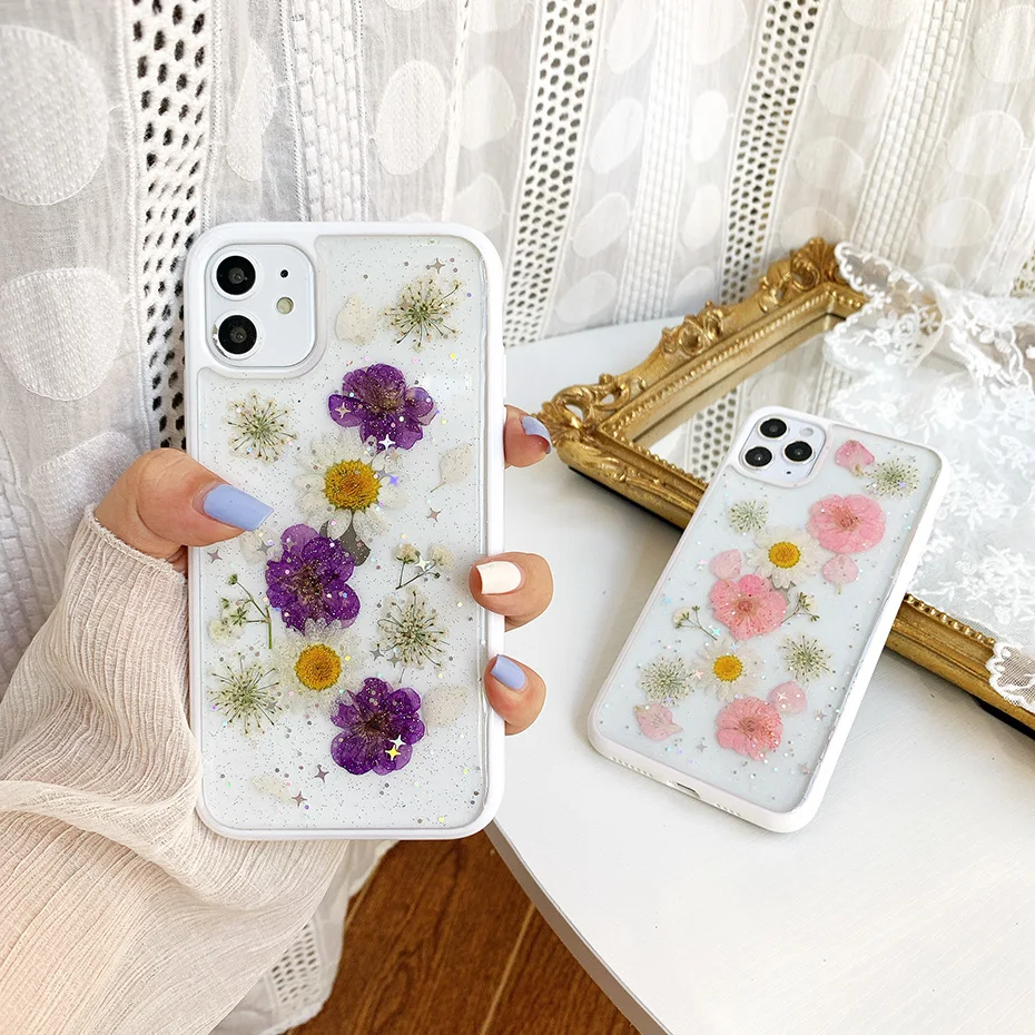 

Qianliyao Real Dry Flower Phone Case For iPhone 8 7 Plus Case For iPhone 12 11 Pro X XR XS MAX Se Soft Glitter Clear Back Cover