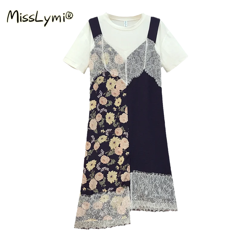 

4XL Plus Size Women Lace Patchwork Flower Print Dress Summer 2021 Short Sleeve Cotton Tshirt Fake Two Piece Loose Split Dresses