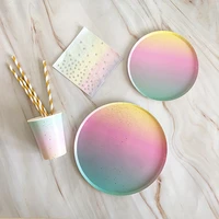 gold paper rainbow disposable tableware christmas birthday party paper plates cups carnival party supplies plastic straws