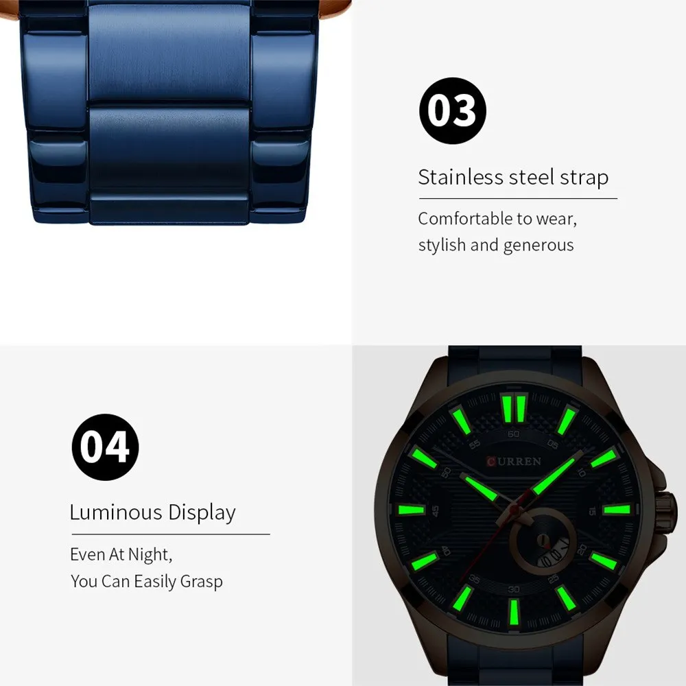 

Watch Fashion Men Business Calendar Luminous Hands Quartz Watch Classic Exquisite Alloy Case Stainless Steel Band Waterpr