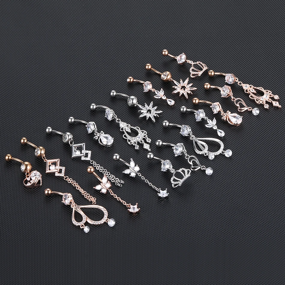 

1PC 14G 10MM Crown Navel Earring Surgical Steel Belly Button Piercing Zircon Drop Dangle Piercing Nombril Women BodyJewelry