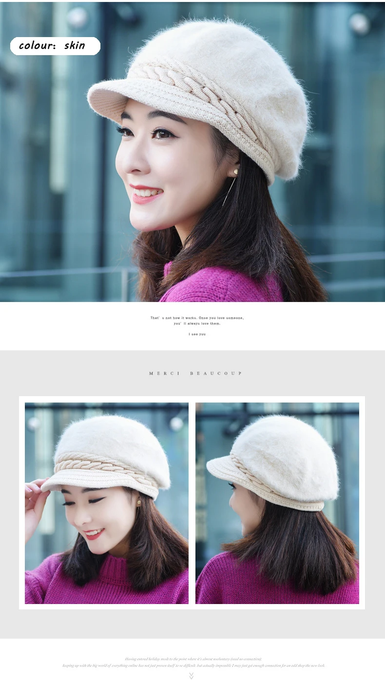 Women's hat winter rabbit hair knitted beret hat winter hats for women caps women fashion winter hat women's knitted hat