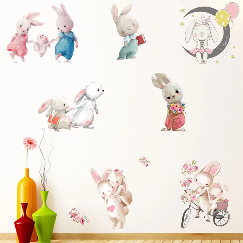 Cute Bunny Wall Stickers for Children Kids Rooms Girls Baby Room Bedroom Decoration Nursery Cartoon Animals Rabbit WallPaper | Дом и сад