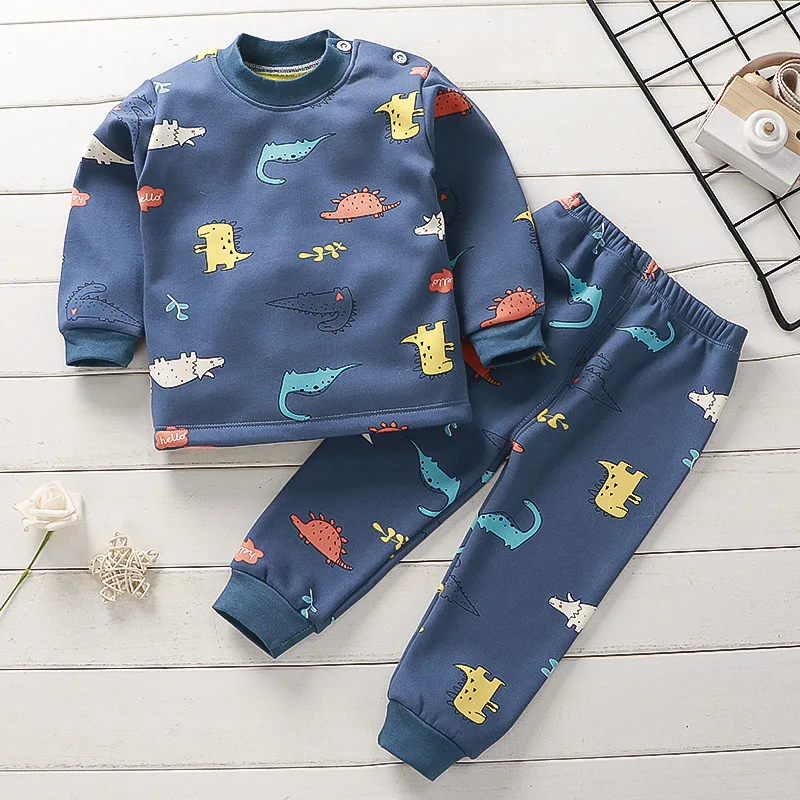 

Autumn and winter new children's plus velvet pajamas set for boys and girls cartoon cotton warm and thickened pajamas two-piece