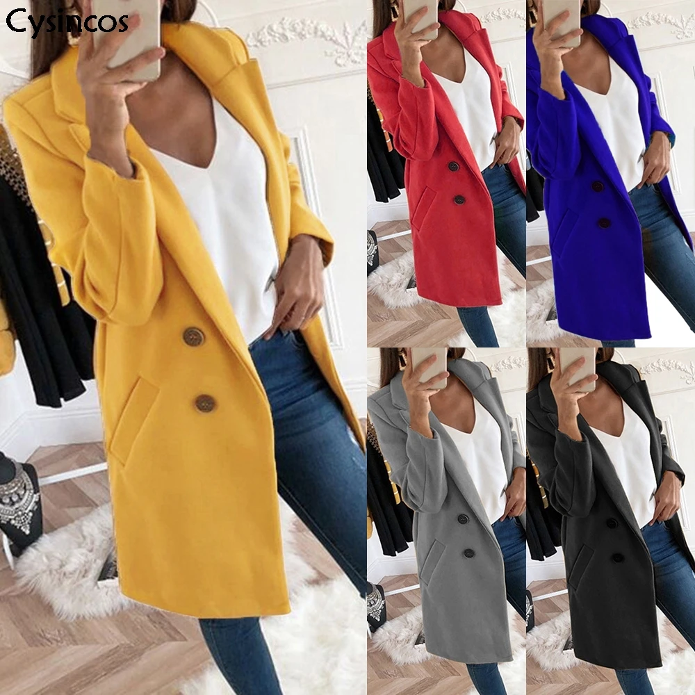 Cysincos Женское шерстяное пальто с длинным рукавом и отложным воротником теплое 2019