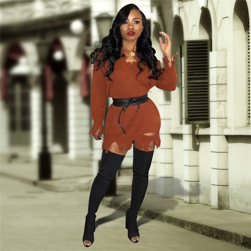 

Adogirl Women Fashion Sexy Sweater Dress Holes Beggar Outfit Sexy V Neck Off Shoulder Long Sleeve Casual Mini Dresses Vestidos