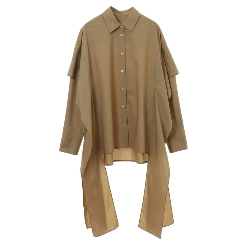 

DEAT 2021 New Women Fashion Loose Khaki Turn-down Collar Long Sleeve Bandage Patchwork Single Breasted Shirt Autumn Winter 7E657