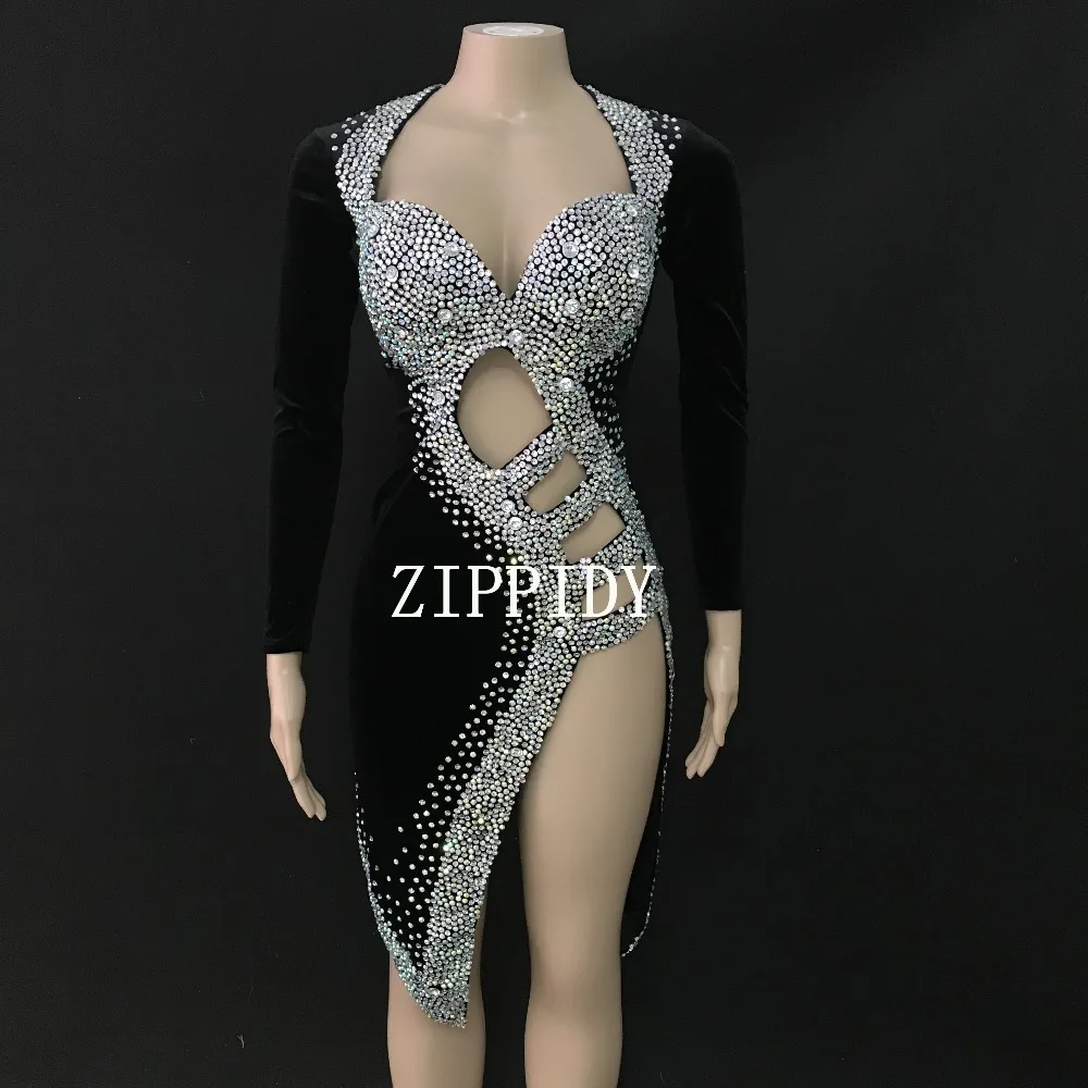 Блестящие стразы черные сексуальные латинские платья день рождения, празднование сценический для певца танцевальное шоу костюм для ночного клуба стрейч Серебряное платье