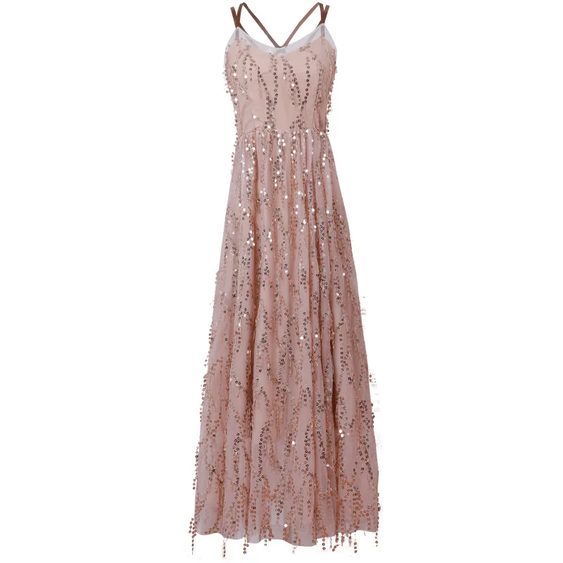 

#4010 Sequin Dress Bodycon Sexy Backless A-line Dress Long Boho Beach Sleeveless Spaghetti Straps Dresses V Neck High Waisted