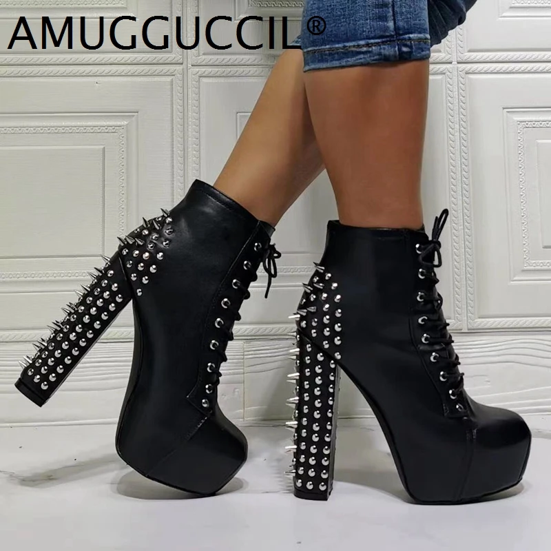 

Customize 2021 Plus Big Size 36-43 Black Lace Up Rivet Fashion Sexy High Heel Platform Autumn Winter Lady Ankle Women Boot X2033