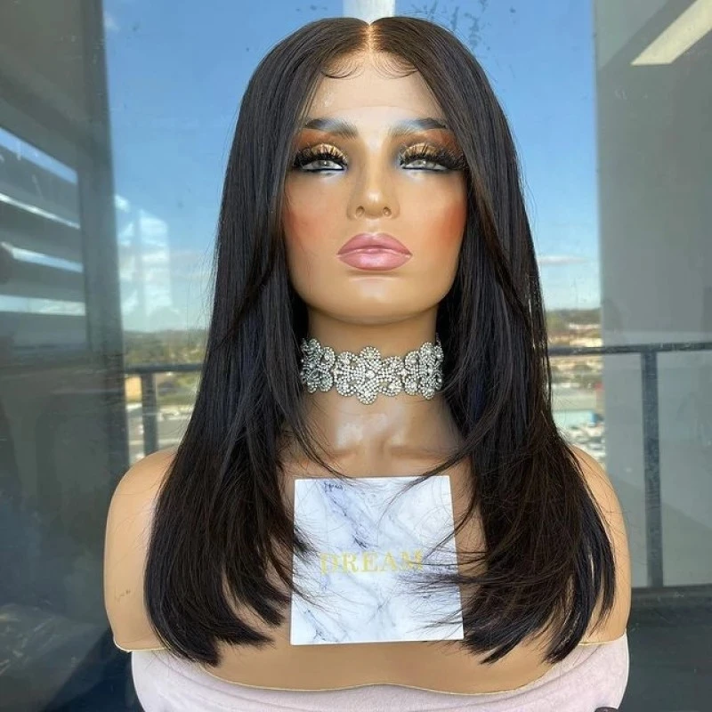 

Straight Natural Black Color Synthetic Hair Lace Front Wig For Women Heat Resistant Daily Wear Fiber Glueless Wigs 180%Density