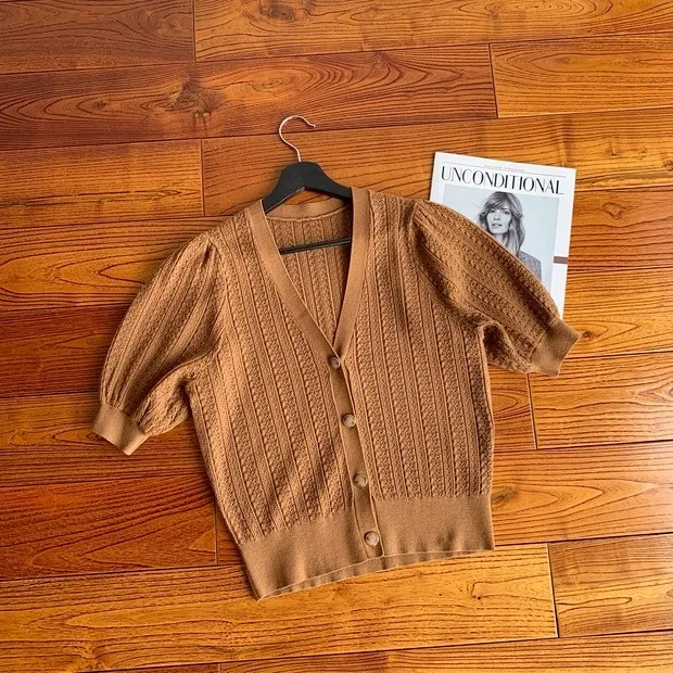 

Women Puff Sleeve Sweater Jumper V-neck Single Breasted Solid Color New 2021 Female Knit Cardigans