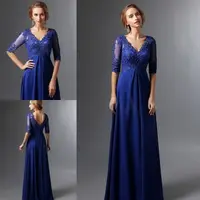 Plus Size Royal Blue 2018 Mother Of The Bride Dresses A-line V-neck Half Sleeves Chiffon Lace Long Elegant Groom Mother Dresses
