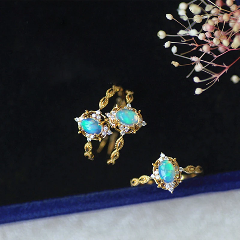LAMOON 925 Sterling Silver Blue Fire Oval Opal Ring 14K Gold Plated Classic Engagement Rings Fine Jewelry for Women Gift LMRI132 | Украшения