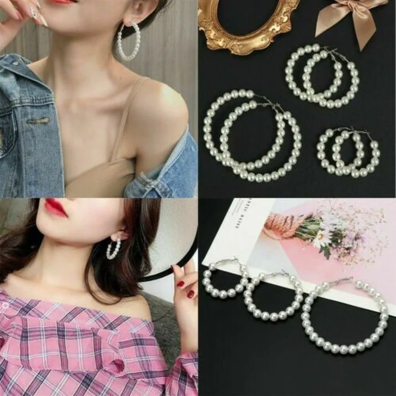 Элегантные серьги кольца для женщин белые маленькие/большие с жемчугом круглые